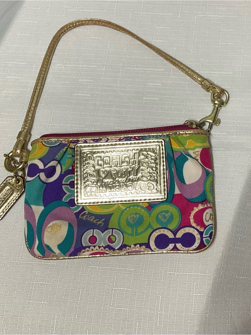 Coach Mini Poppy Canvas Wristlet with Gold details